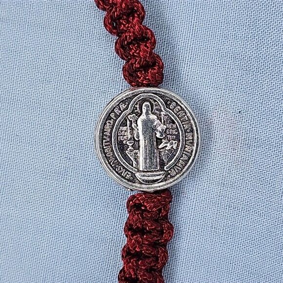 St. Benedict Blessed Cross Dark Red Bracelet Adjustable String Silver Tone Metal - Picture 2 of 5
